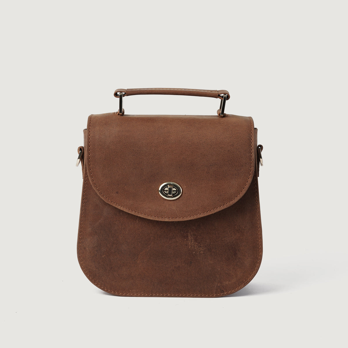 
The Sandra Vintage Světle hnědá Leather Saddle Bag For Women - Strukturovaný boční profil ukazující hloubku a kapacitu