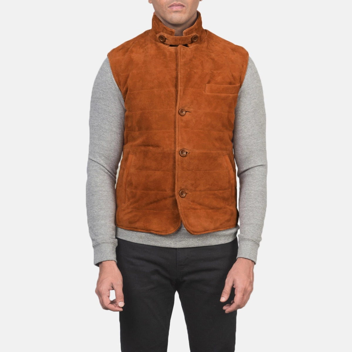Close-Up Detail of Notch with removable throat latch &amp; Button Hardware on Men's Tony Brown Suede Vest