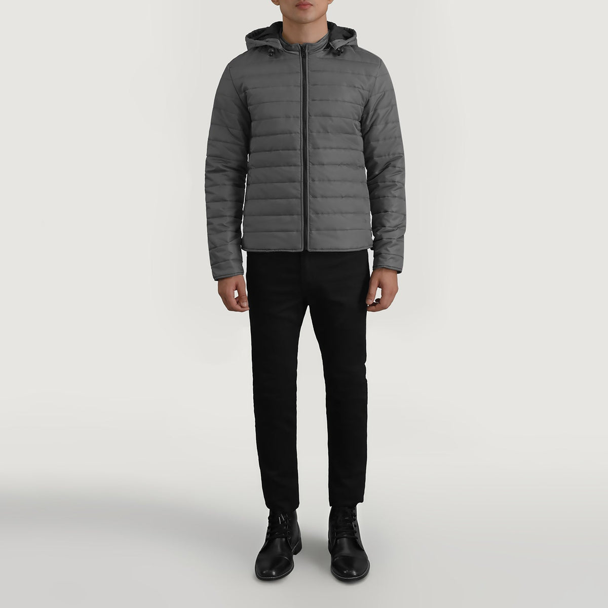 
Tyler Grey Hooded Puffer Kožená bunda pro Pány - Boční pohled ukazující ergonomický střih rukávů