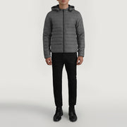 
Tyler Grey Hooded Puffer Kožená bunda pro Pány - Boční pohled ukazující ergonomický střih rukávů
