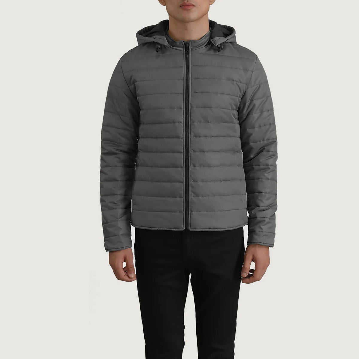 
Detailní pohled of Classic Collar & Zipper Hardware on Tyler Grey Hooded Puffer Kožená bunda pro Pány