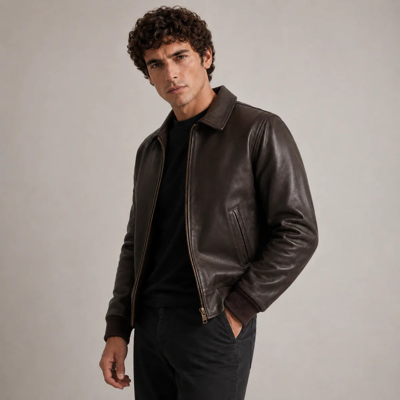 Dark Hnědá Sheepskin Kožená bomber bunda pánská