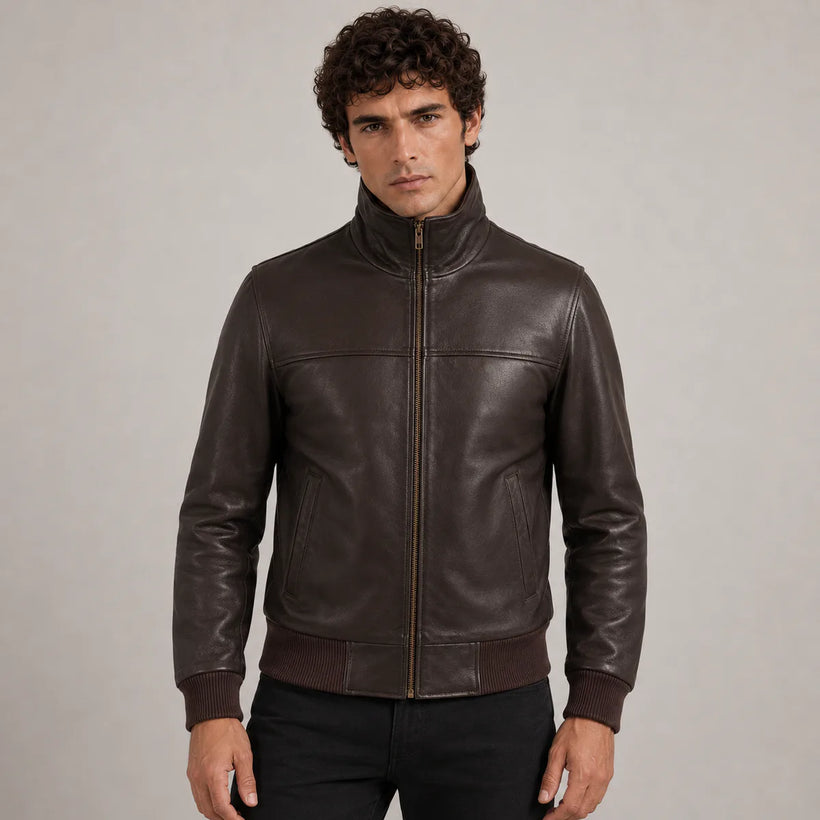 Dark Hnědá Sheepskin Kožená bomber bunda pánská