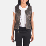 
Vanda Distressed Hnědá Leather Biker Vest pro Dámy in Distressed Brown Goatskin Leather - Přední pohled a přiléhavá silueta | Koupit online