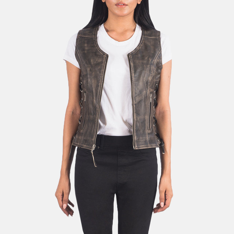 Vanda Distressed Hnědá Leather Biker Vest dámská