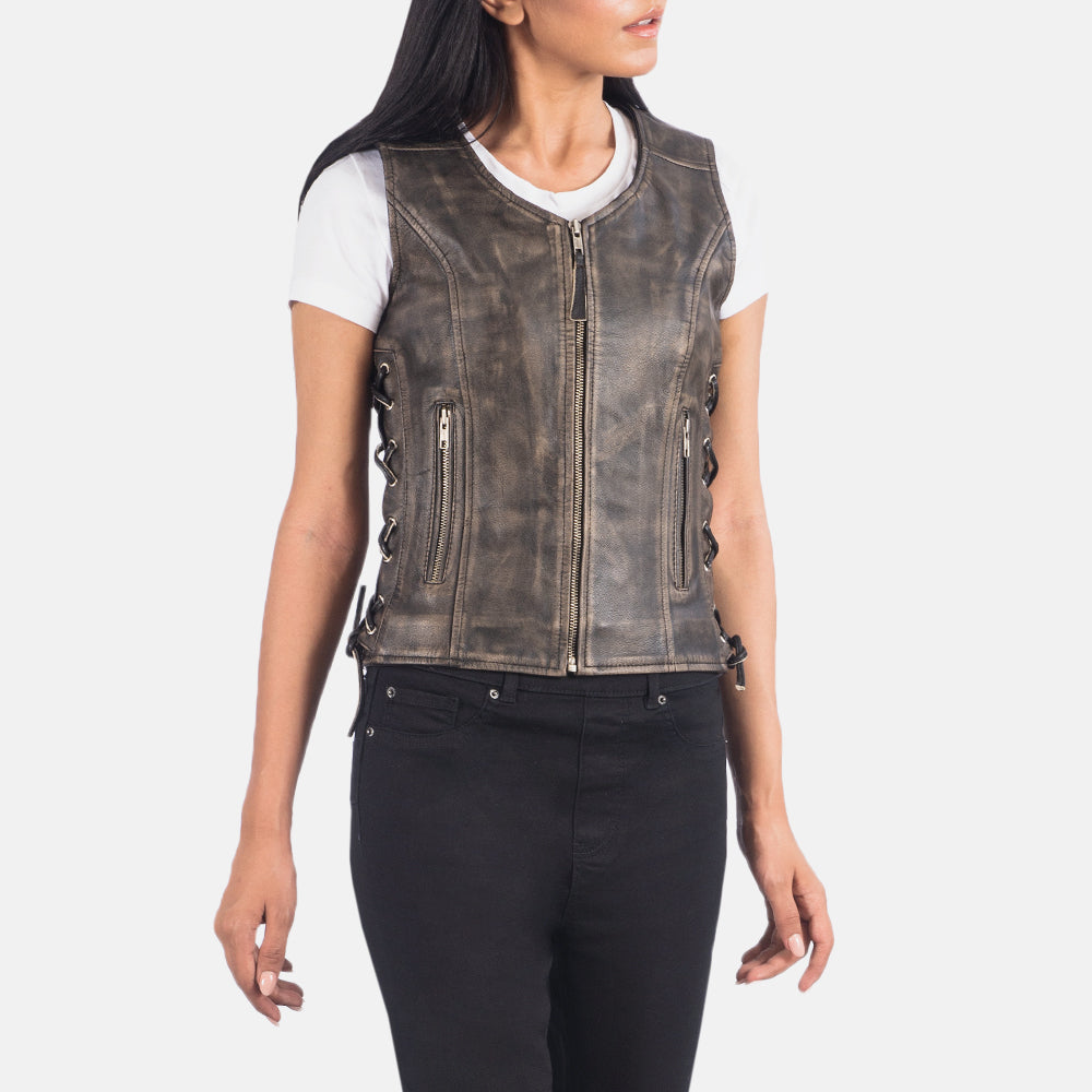 
Distressed Brown Goatskin Leather Biker Jacket - Zadní pohled s definovanými rameny a čistým lemem