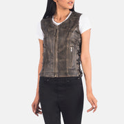 
Detailní pohled of V-neck & Zipper Hardware on Vanda Distressed Hnědá Leather Biker Vest pro Dámy