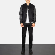 Men's Vaxton Black Hybrid Varsity Jacket - Lateral Side Profile View Showing Sleeve Cut &amp; Athletic Taper Fit