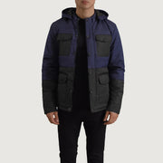
Wayne Černá & Modrá Hooded Puffer Kožená bunda pro Pány in Black + Blue Full-Grain Leather - Přední pohled a přiléhavá silueta | Koupit online
