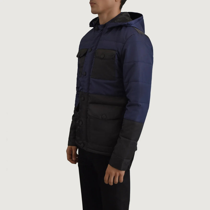 Wayne Černá & Modrá Hooded Puffer Kožená bunda pro Pány