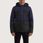 
Detailní pohled of Classic Collar & Heavy-Duty Zipper Hardware on Wayne Černá & Modrá Hooded Puffer Kožená bunda pro Pány