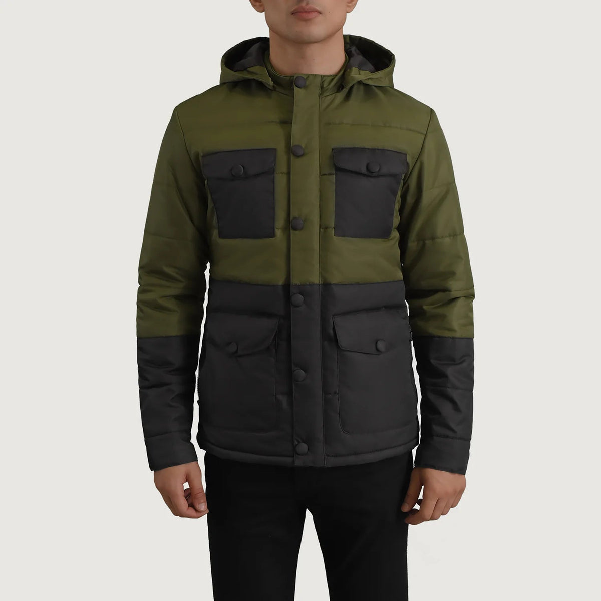 
Detailní pohled of Classic Collar & Heavy-Duty Zipper Hardware on Wayne Černá & Olivově zelená Hooded Puffer Kožená bunda pro Pány
