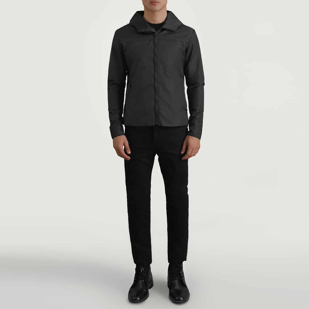 
Wesley Černá Hooded Windbreaker Kožená bunda pro Pány - Boční pohled ukazující ergonomický střih rukávů