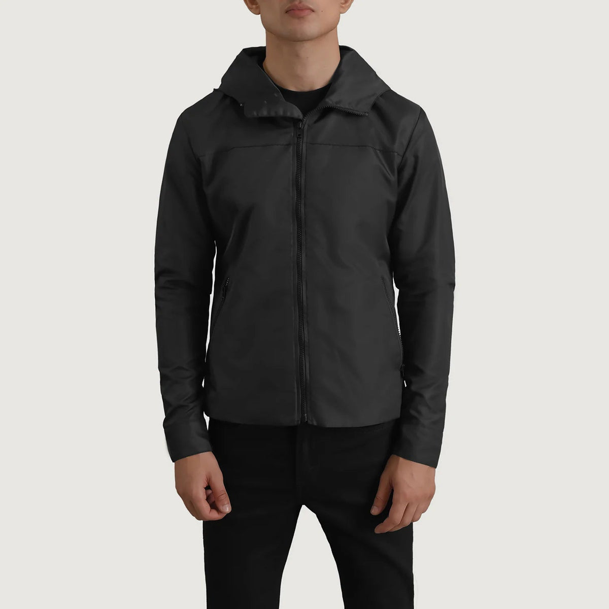 
Detailní pohled of Classic Collar & Zipper With Inside Wind Flap. Hardware on Wesley Černá Hooded Windbreaker Kožená bunda pro Pány