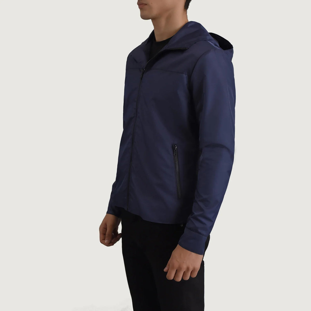 
Blue Full-Grain Leather Hooded Jacket - Zadní pohled s definovanými rameny a čistým lemem