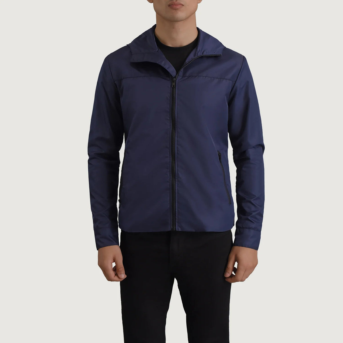 
Detailní pohled of Classic Collar & Zipper With Inside Wind Flap. Hardware on Wesley Modrá Hooded Windbreaker Kožená bunda pro Pány