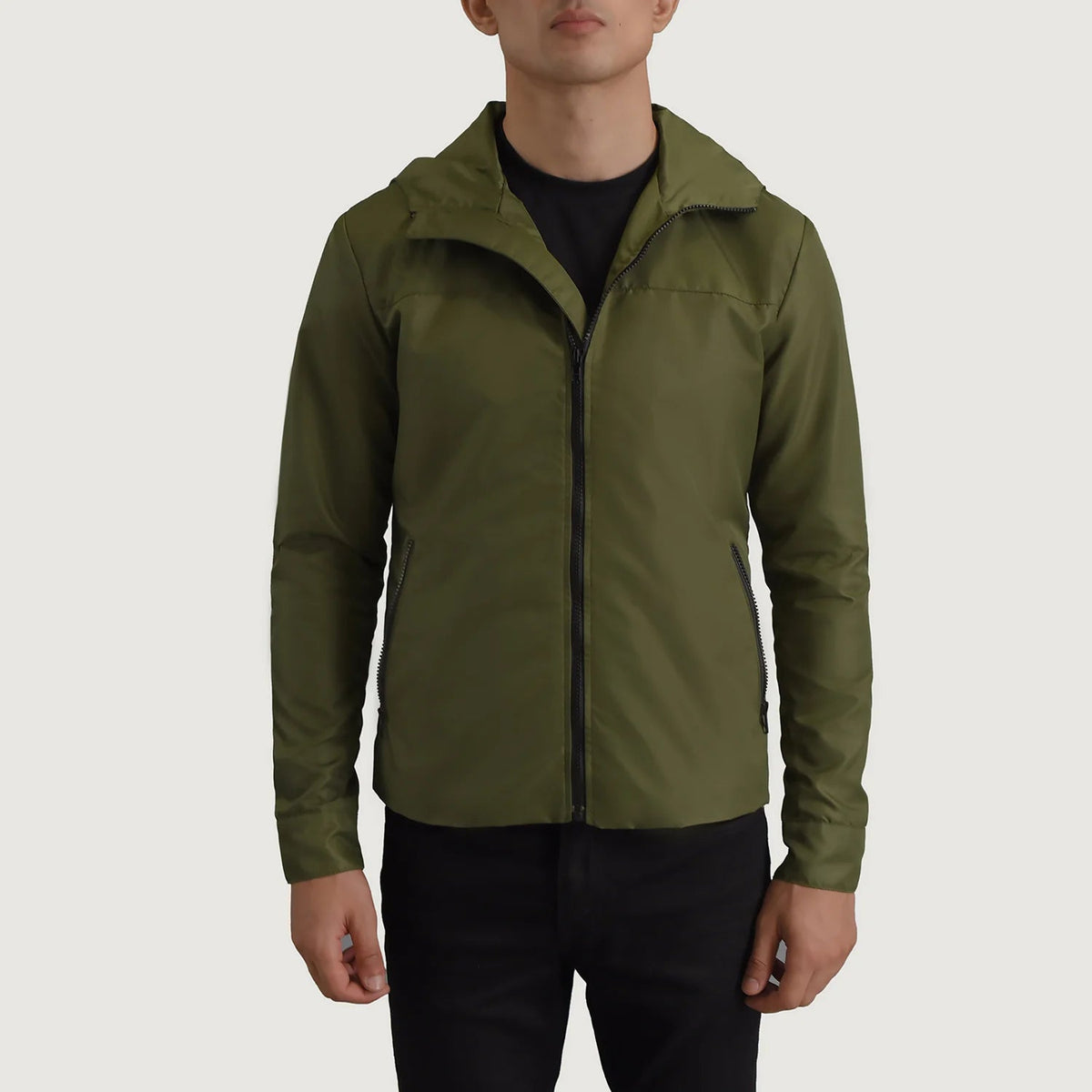
Detailní pohled of Classic Collar & Zipper With Inside Wind Flap. Hardware on Wesley Olivově zelená Hooded Windbreaker Kožená bunda pro Pány