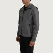 
Grey Full-Grain Leather Hooded Jacket - Zadní pohled s definovanými rameny a čistým lemem