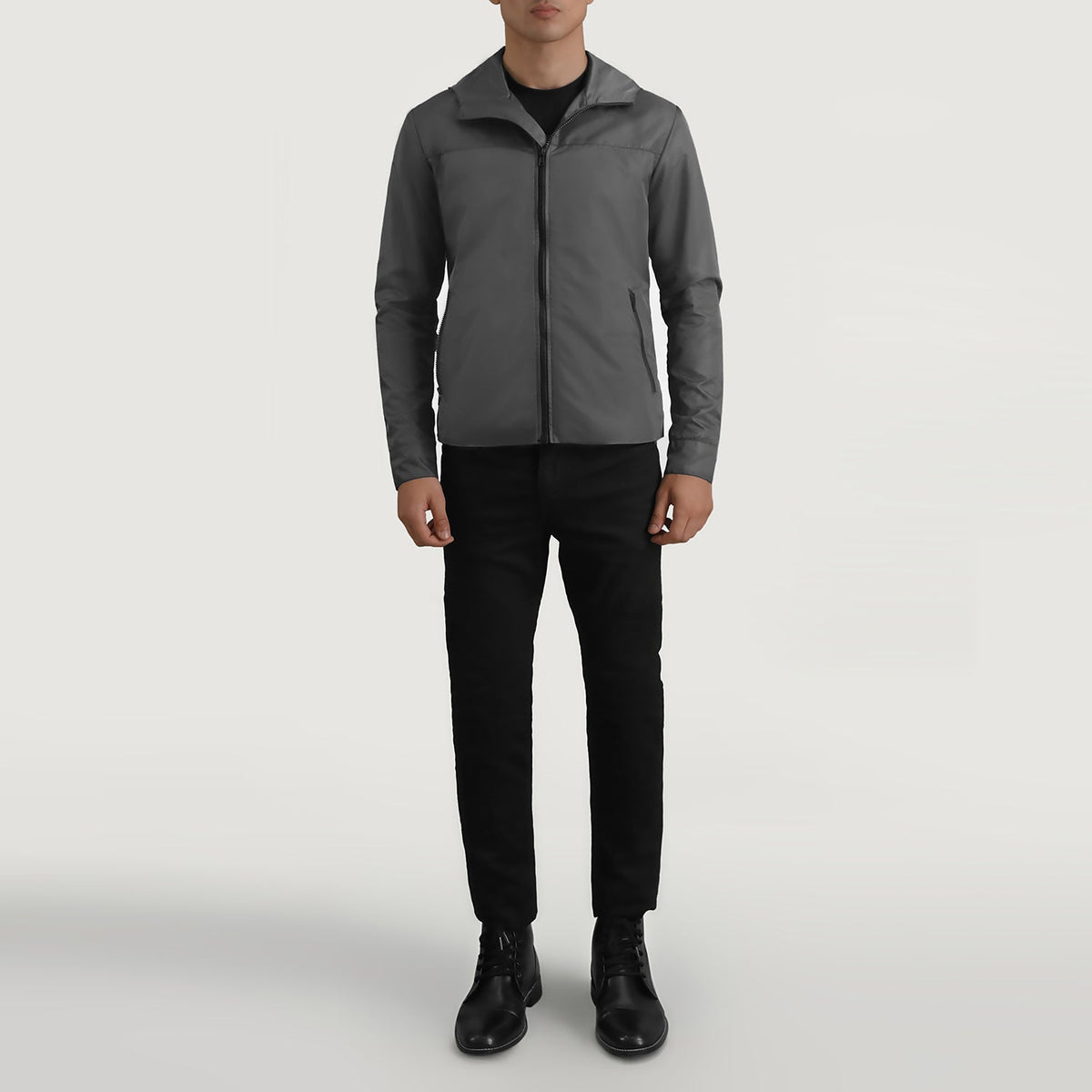 
Wesley Grey Hooded Windbreaker Kožená bunda pro Pány - Boční pohled ukazující ergonomický střih rukávů