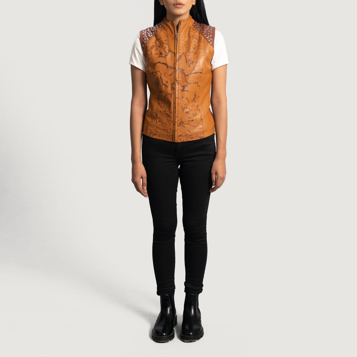 
Detailní pohled of Classic Collar & Zipper Hardware on Westina Světle hnědá Dye Kožená vesta pro Dámy