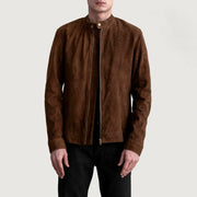 Zen Brown Suede Biker Jacket in Brown Goatskin Suede - Front Profile View & Tailored Silhouette | Buy Online