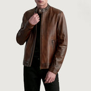 
Zen Distressed Hnědá Kožený motorkářský křivák pro Pány in Distressed Brown Sheepskin Leather - Přední pohled a přiléhavá silueta | Koupit online