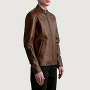 
Distressed Brown Sheepskin Leather Biker Jacket - Zadní pohled s definovanými rameny a čistým lemem