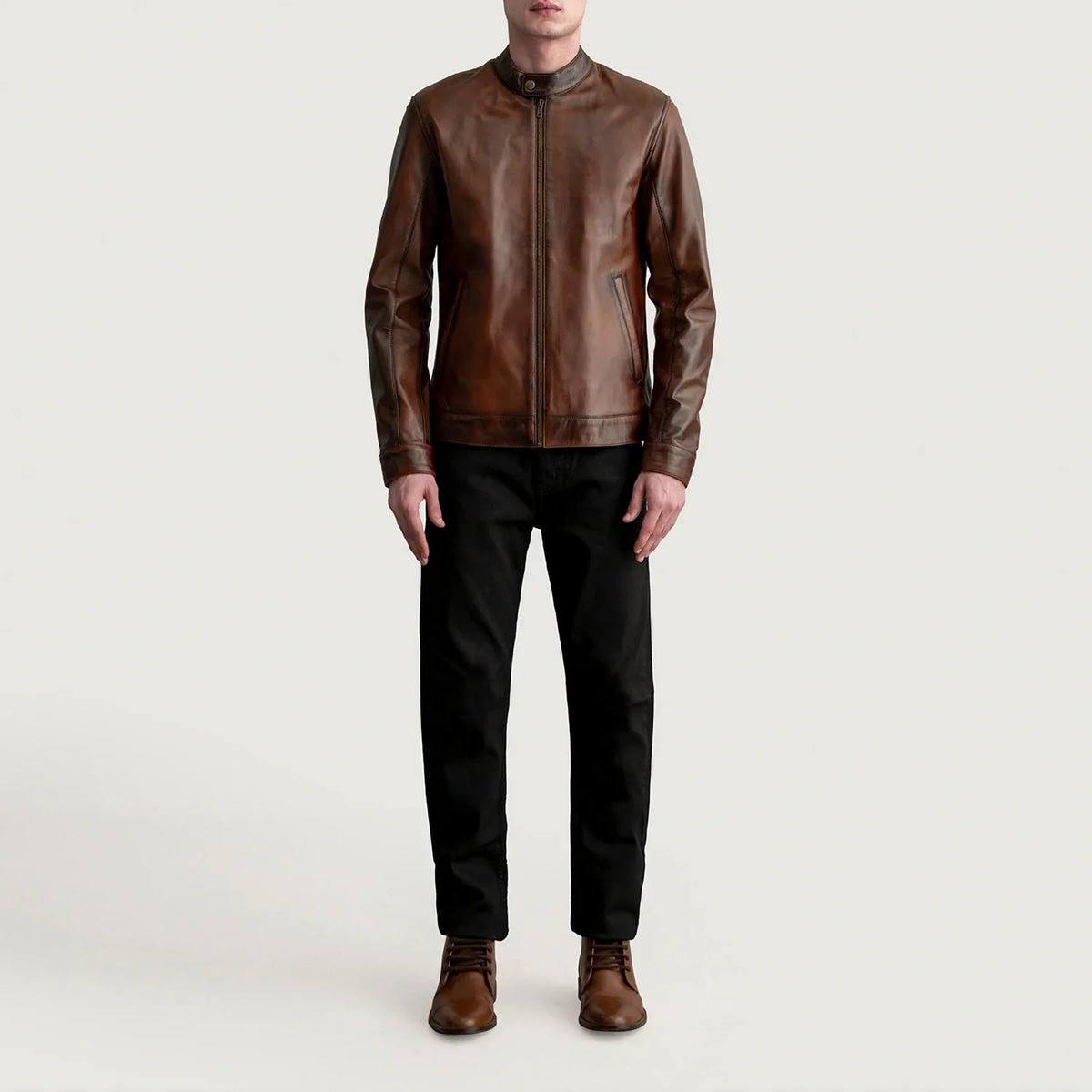 
Detailní pohled of Snap Button & Zipper Hardware on Zen Distressed Hnědá Kožený motorkářský křivák pro Pány