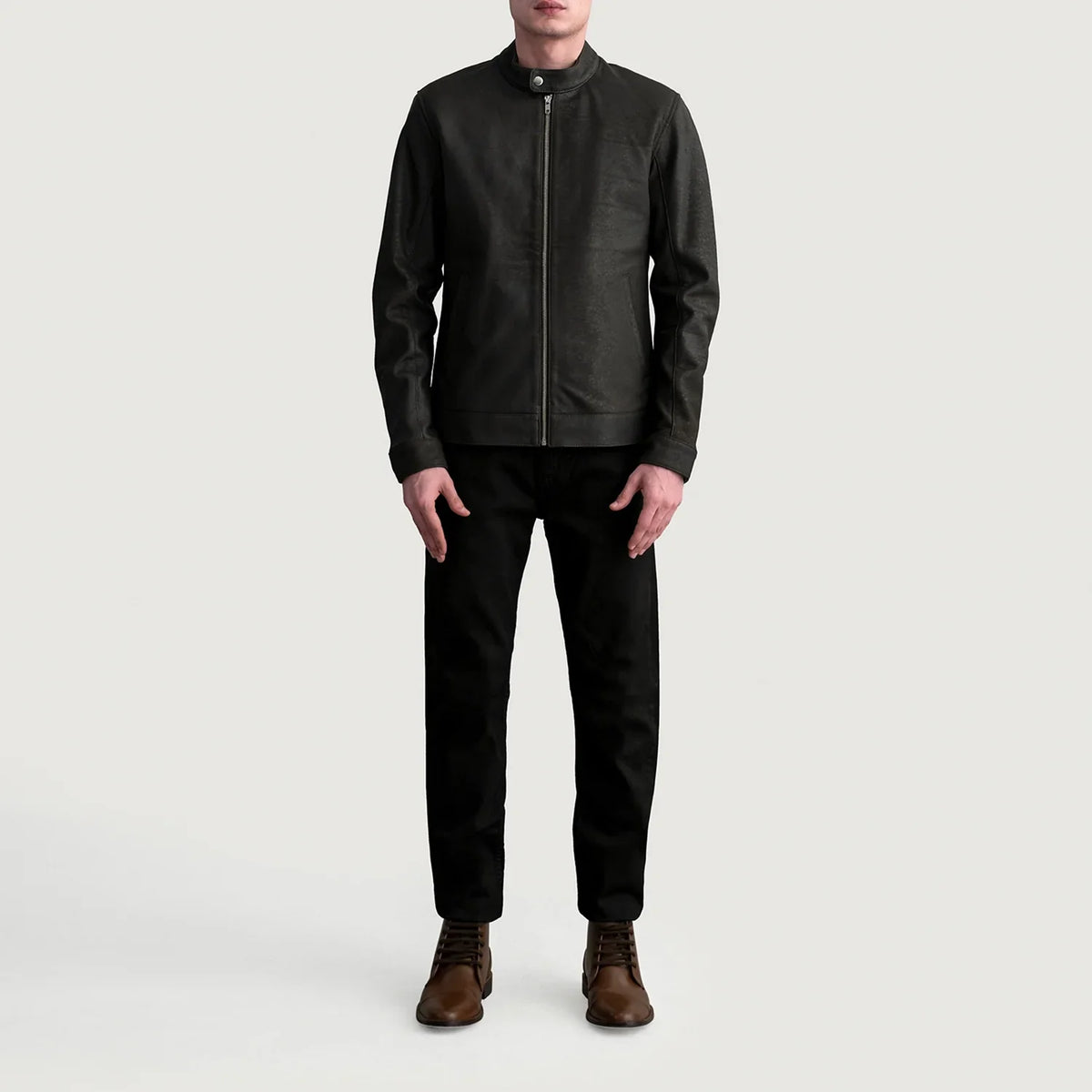 
Detailní pohled of Snap Button & Zipper Hardware on Zen Tumbled Hnědá Kožený motorkářský křivák pro Pány