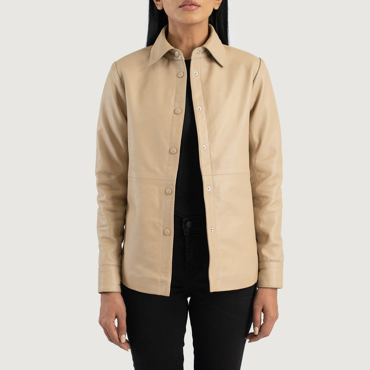 
Zenith Beige Leather Shirt Jacket in Beige Sheepskin Leather - Přední pohled a přiléhavá silueta | Koupit online