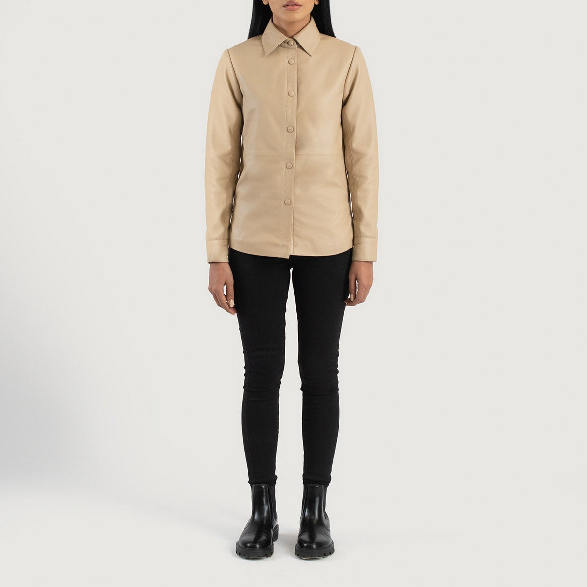 
Zenith Beige Leather Shirt Jacket - Boční pohled ukazující ergonomický střih rukávů