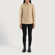 
Zenith Beige Leather Shirt Jacket - Boční pohled ukazující ergonomický střih rukávů